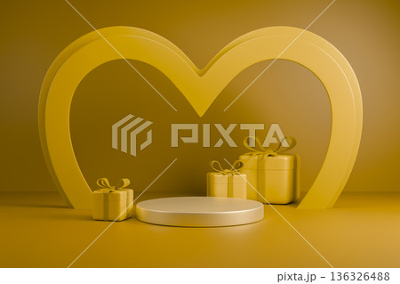 Yellow heart frame with gift boxes on podium 136326488