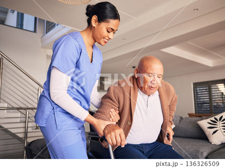 Happy woman, man in wheelchair and support in nursing home for medical service, physical therapy and retirement. Caregiver, nurse and helping patient with disability, homecare and health assistance Happy woman, man in wheelchair and support in nursing home for medical service, physical therapy and retirement. Caregiver, nurse and helping patient with disability, homecare and health assistance 136326509