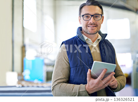 Tablet, delivery and portrait of man in factory for manufacturing, networking and inventory. Distribution, industrial and technology with male employee in warehouse for inspection, export and storage Tablet, delivery and portrait of man in factory for manufacturing, networking and inventory. Distribution, industrial and technology with male employee in warehouse for inspection, export and storage 136326521