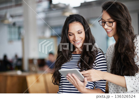 Smile, women and digital tablet for creative planning, designer and collaboration in office. Research, happy and female online for graphic design, social media and idea, checking and app development 136326524