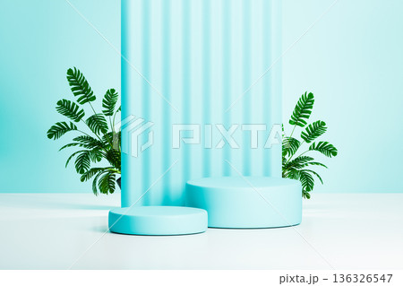 Turquoise podium set with green leaves and vertical wall 3d Turquoise podium set with green leaves and vertical wall 3d 136326547