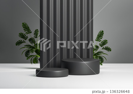 Black podium with vertical panels and green plants in 3d 136326648