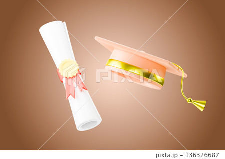 Diploma scroll and graduation hat on brown studio background 3d 136326687