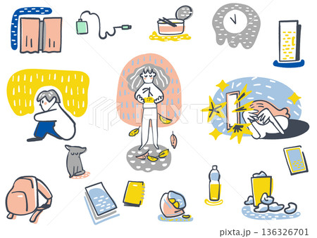 孤独やSNS疲れを感じる若者の日常と心の葛藤を描いたメンタルヘルス・孤立対策イラストセット  136326701