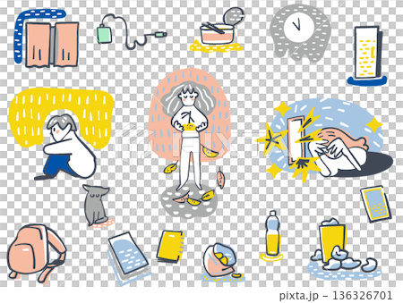 孤独やSNS疲れを感じる若者の日常と心の葛藤を描いたメンタルヘルス・孤立対策イラストセット  136326701