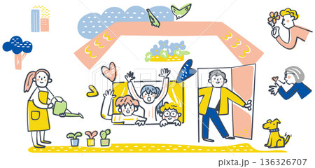 多世代が支え合い明るく開かれた地域共生社会の理想を描いた居場所支援・福祉活動の風景イラスト 多世代が支え合い明るく開かれた地域共生社会の理想を描いた居場所支援・福祉活動の風景イラスト 136326707