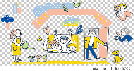 多世代が支え合い明るく開かれた地域共生社会の理想を描いた居場所支援・福祉活動の風景イラスト 多世代が支え合い明るく開かれた地域共生社会の理想を描いた居場所支援・福祉活動の風景イラスト 136326707