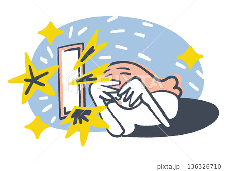 スマホの強烈な光やSNS疲れで疲弊する女性を描いたネット依存対策・メンタルヘルス啓発イラスト 136326710