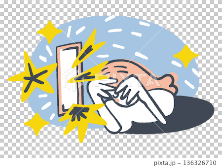 スマホの強烈な光やSNS疲れで疲弊する女性を描いたネット依存対策・メンタルヘルス啓発イラスト 136326710