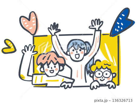 窓から元気に手を振る若者と仲間との繋がりを描いた地域包括ケア・多世代交流のビジョンイラスト 136326713