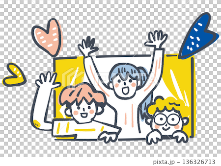 窓から元気に手を振る若者と仲間との繋がりを描いた地域包括ケア・多世代交流のビジョンイラスト 136326713