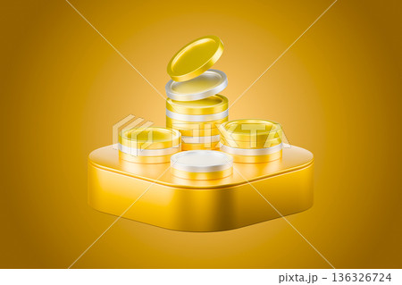 Stacks of gold coins on a yellow abstract background 3d Stacks of gold coins on a yellow abstract background 3d 136326724