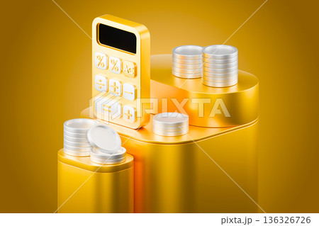 Gold calculator and coins on a luxury yellow background 3d 136326726