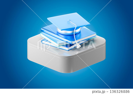 Graduation cap and diploma on a blue podium 3d Graduation cap and diploma on a blue podium 3d 136326886