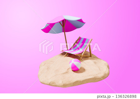 Summer beach scene with pink umbrella on sand 3d Summer beach scene with pink umbrella on sand 3d 136326898