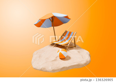 Summer beach scene with umbrella and chair on sand 3d 136326905