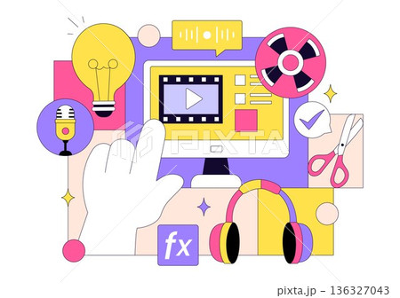Video Editor Program Vector Illustration Featuring Video Editing Software for Creating Animated Movies and Clips in a Flat Style Background 136327043