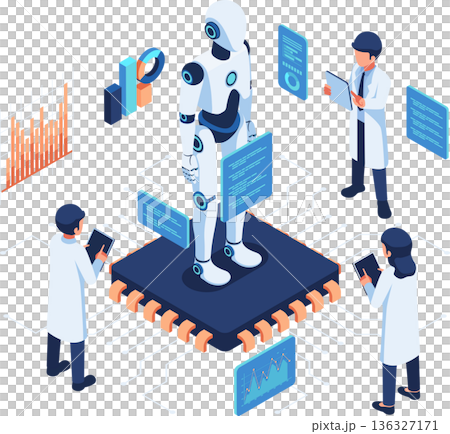 Isometric Scientist Inspecting AI Robot in a High Tech Lab Isometric Scientist Inspecting AI Robot in a High Tech Lab 136327171