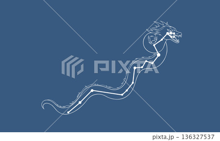 ネイビー色の背景に浮かぶうみへび座のイラスト（白線で星座の絵と星座線） 136327537