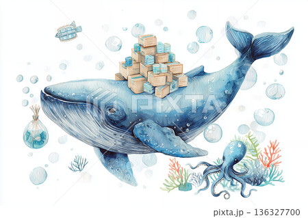 背中に荷物や植物を載せて泳ぐクジラのイラスト。物流と引越しのコンセプト。 136327700