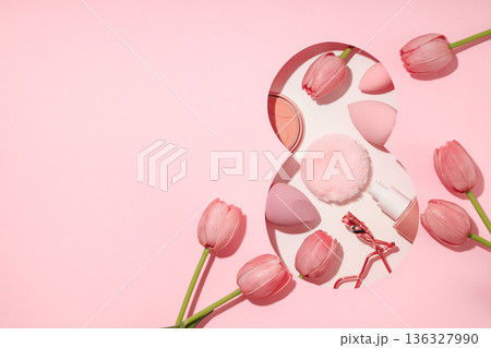Pink flowers and beauty items create a festive atmosphere Pink flowers and beauty items create a festive atmosphere 136327990