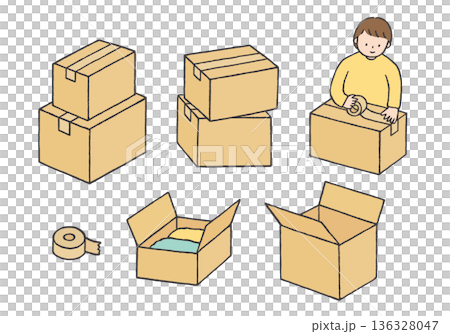 Hand-drawn illustration set of moving packing and cardboard boxes 136328047