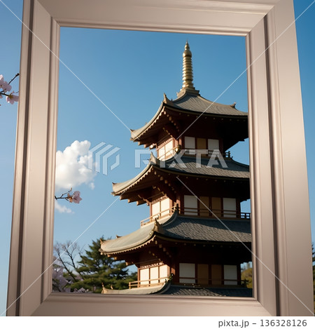 春の日差しに輝く桜と五重塔 春の日差しに輝く桜と五重塔 136328126