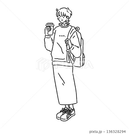 大人可愛いカジュアルコーデの女性　線画 136328294