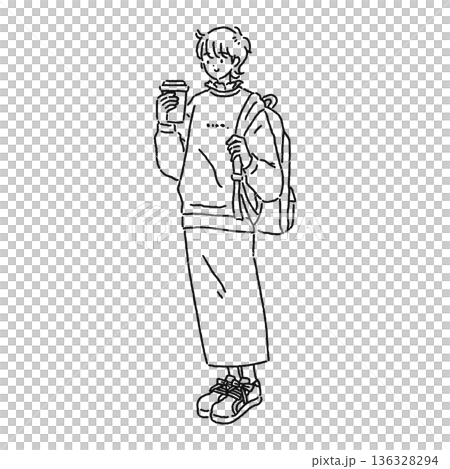 大人可愛いカジュアルコーデの女性　線画 136328294