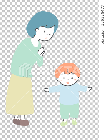 歩く子供を見守る母親　イラスト 136328477