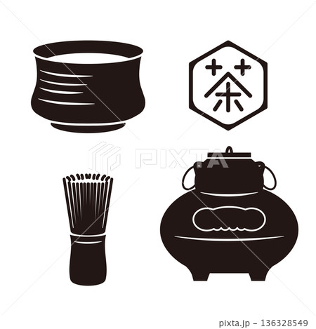 シンプルな茶道具のセット　モノクロ　 136328549