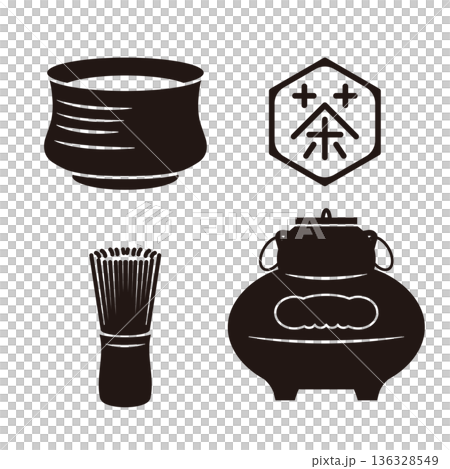 シンプルな茶道具のセット　モノクロ　 136328549