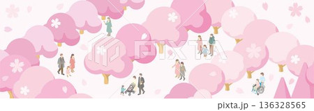 桜とお花見のバナー背景。春のイベント、お祭り、キャンペーン用フレーム素材 136328565