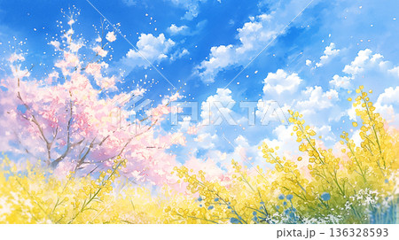 優雅に舞う桜と空を仰ぐ光の中に広がる春の幻想風景イラスト・自然・花・ナチュラル・やさしさ・穏やかさ 136328593