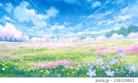 ファンタジックな桜の空間と舞い落ちる花びらの幻想的な春風景イラスト・自然・花・癒し・美しい風景 136328601