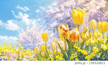 桜舞い散る空と光に包まれた幻想風景イラスト・春・自然・ナチュラル・美しい情景・ヒーリング 136328621