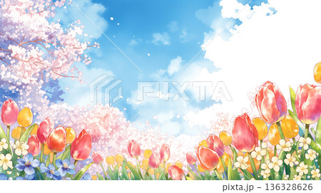 桜舞い散る空と光に包まれた幻想風景イラスト・春・自然・ナチュラル・美しい情景・ヒーリング 136328626