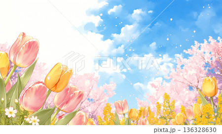 見上げた空に満開の桜が広がる幻想的な風景と柔らかな空気感のイラスト・春・自然・花・ナチュラル 見上げた空に満開の桜が広がる幻想的な風景と柔らかな空気感のイラスト・春・自然・花・ナチュラル 136328630