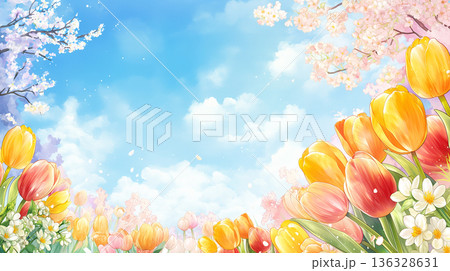 桜の花びらが包む幻想的な風景と春の空気感を表現した背景イラスト・ナチュラル・癒し・満開・優しさ 136328631