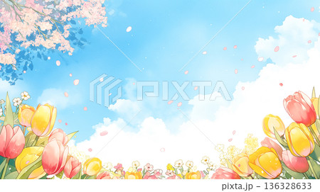 桜の花びらが包む幻想的な風景と春の空気感を表現した背景イラスト・ナチュラル・癒し・満開・優しさ 136328633