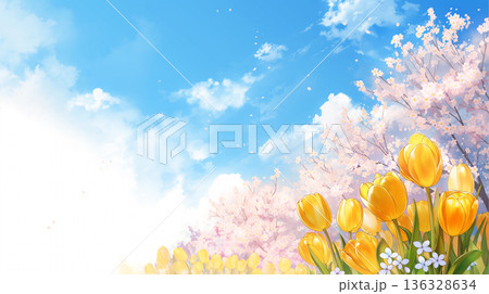 桜の花びらが包む幻想的な風景と春の空気感を表現した背景イラスト・ナチュラル・癒し・満開・優しさ 136328634