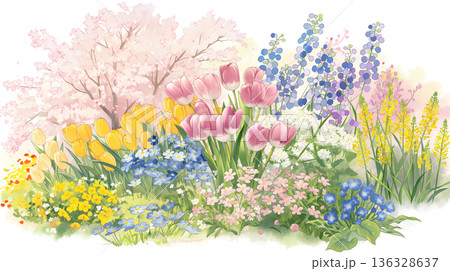 桜の花びらが包む幻想的な風景と春の空気感を表現した背景イラスト・ナチュラル・癒し・満開・優しさ 136328637