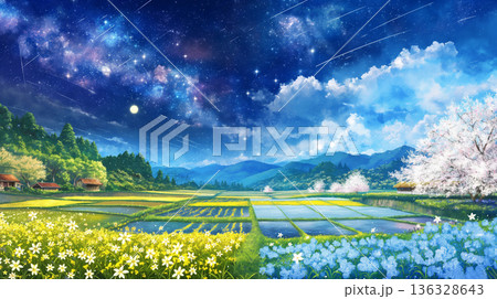 春の風に揺れる桜と空の光が織りなす幻想的なナチュラル風景イラスト・自然・花・春シーン・夢・癒し 136328643