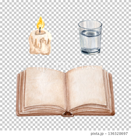 Open book, burning candle stub and glass of water watercolor set isolated on white. Minimal hand-painted illustration pack suitable for education, editorial layouts, presentations, symbolic concepts 136328697
