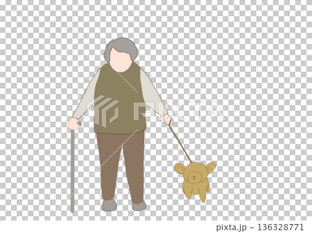 老婆が杖をついて犬を散歩しているイラスト 136328771