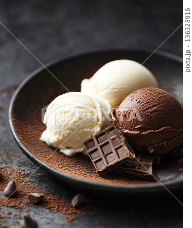 チョコとバニラのアイスクリームがのったお皿 AI画像 チョコとバニラのアイスクリームがのったお皿 AI画像 136328916