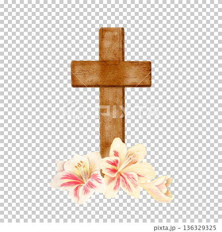 Wooden cross with lilies at its base watercolor isolated on white, perfect for Easter design, church prints, worship posters, religious branding. Symbol of faith and resurrection painted in warm tones Wooden cross with lilies at its base watercolor isolated on white, perfect for Easter design, church prints, worship posters, religious branding. Symbol of faith and resurrection painted in warm tones 136329325