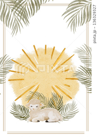 Radiant golden halo in cross shape, resting lamb framed by palm leaves watercolor template ideal for Easter designs, faith projects, invitations, posters and spiritual backgrounds. Peaceful 136329327