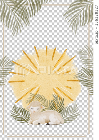 Radiant golden halo in cross shape, resting lamb framed by palm leaves watercolor template ideal for Easter designs, faith projects, invitations, posters and spiritual backgrounds. Peaceful 136329327