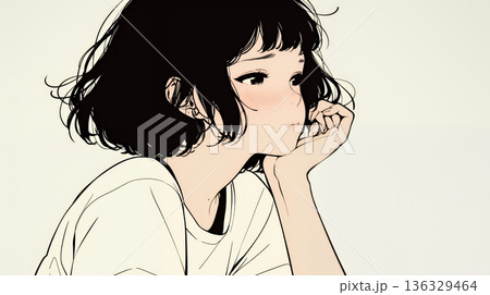 ため息をつく若い女性（シンプルな色使い） 136329464